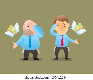 man and bald man run out of money. bankruptcy Lack of money. show empty pocket. cartoon isolated vector illustration