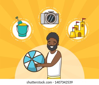 man with ball camera bucket castle sand beach vacations vector illustration