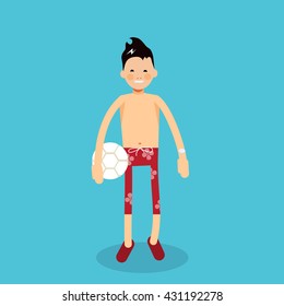 Man with a ball on the beach. Red Hawaiian shorts - Vector male character in flat style 