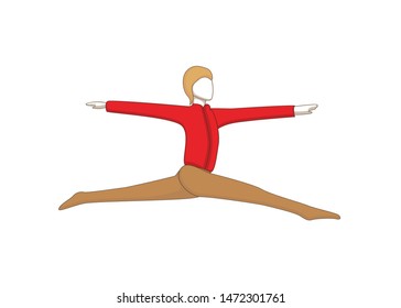 man ballet dancer dressed in yellow tights and pointe making a dance element on the white background