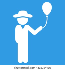 Man With Balloon vector icon. Style is flat symbol, white color, rounded angles, blue background.