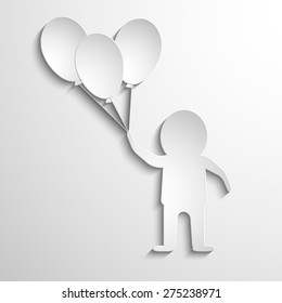 man with balloons in hands. White paper. Vector background