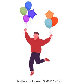 Hombre con globos. Personaje masculino saltando feliz con globos de helio en las manos Ilustración vectorial plana. Chico flotando con globos de colores