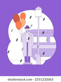 Man with balloons on a bus stop and it is raining with simple illustrations