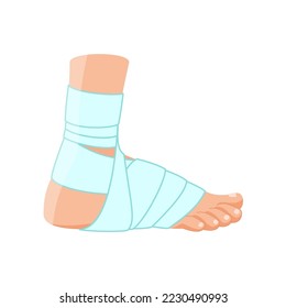 Man with bandaged ankle and foot cartoon illustration. Fracture treatment, bandaged ankle. Healthcare, injury, medicine, trauma, accident concept