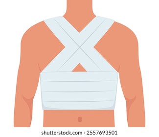 Man with bandaged chest. Fracture treatment, bandaged chest. Healthcare, injury, medicine, trauma accident concept Vector illustration