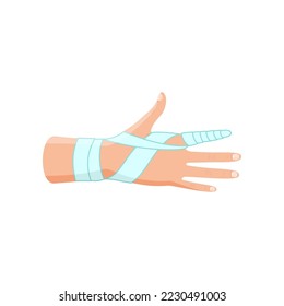 Man with bandaged finger cartoon illustration. Fracture treatment, bandaged finger. Healthcare, injury, medicine, trauma, accident concept