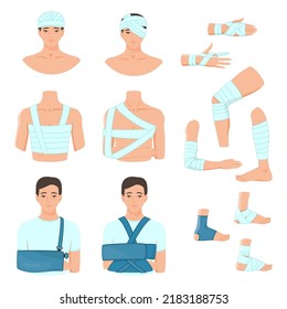 Man With Bandaged Head, Arm And Leg Cartoon Illustration Set. Fracture Treatment, Bandaged Elbow, Knee And Finger. Healthcare, Injury, Medicine, Trauma, Accident Concept