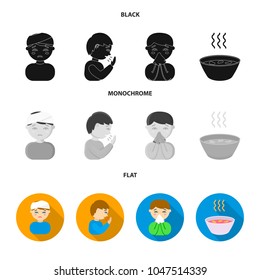 A man with a bandaged head, a man coughing, a man snorts a snot, a bowl, a bowl of hot broth into a handkerchief. Sick set collection icons in black, flat, monochrome style vector symbol stock