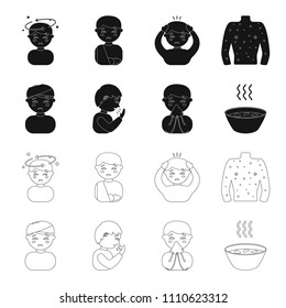 A man with a bandaged head, a man coughing, a man snorts a snot, a bowl, a bowl of hot broth into a handkerchief. Sick set collection icons in black,outline style vector symbol stock illustration web.