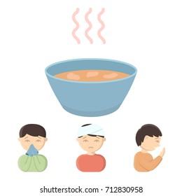 A man with a bandaged head, a man coughing, a man snorts a snot, a bowl, a bowl of hot broth into a handkerchief. Sick set collection icons in cartoon style vector symbol stock illustration web.