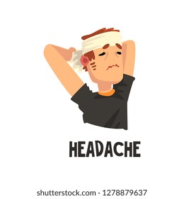 Man with a bandaged head suffering from headache, migraine, health problems, sick unhappy man character vector Illustration