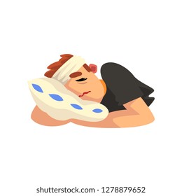Man with a bandaged head suffering from headache sleeping, migraine, health problems, sick unhappy man character vector Illustration