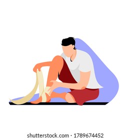 Man bandaging his leg vector illustration. Sports trauma, sprain, varicose veins, post-injury