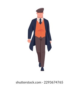 Man Bandit or Gangster of Old London Walking Wearing Overcoat and Peaked Flat Cap Vector Illustration