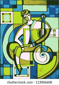 Man with bandura on decorative multicolor background