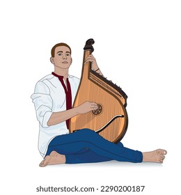 Man with bandura is Ukrainian traditional musical instrument. Plucked string musical instrument. Vector illustration design