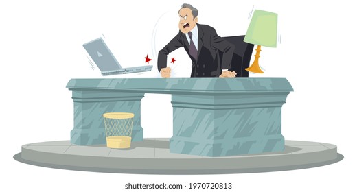 Man bangs his fist on table in rage. Angry businessman. Politician shouts at laptop. Illustration concept for mobile website and internet development.