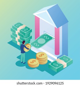 man with bank and money