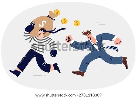 Man bank security guard runs after thief, stolen bag of money from vault. Masked thief robbed store, stealing proceeds and wants to escape responsibility and hide profits in protected place