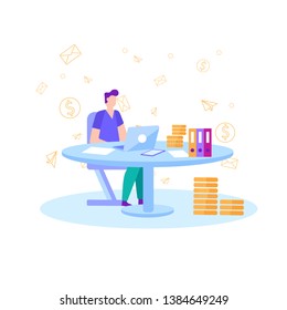 Man Banker Analyst Thinking Analyzing Profit Income Working on Laptop Sitting at Desk with Documents and Coins in Office Vector Flat Illustration Data Statistics Business Metrics Financial Benefit