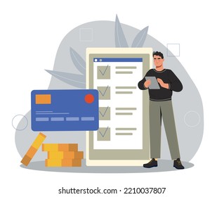 Man with banking card. Young guy pays bills, marks marked payments. Financial literacy and budgeting. Bank employee or worker. Online shopping and transactions. Cartoon flat vector illustration