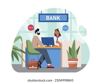 Hombre con servicios bancarios. Joven consulta con empleado del banco. El hombre de negocios se comunica con el empleado. Emprendedor y gerente en el banco. Ilustración vectorial plana aislada sobre fondo blanco