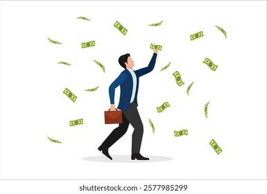 Man with banknote. Money falls on young guy. Successful entrepreneur or businessman, investor. Passive income, financial literacy and economics. Winner in lottery. Cartoon flat vector illustration
