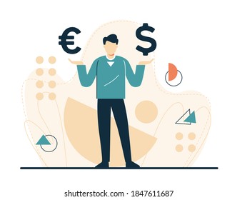 A man with banknote symbols in his palm. Exchange rates. Choice between dollar and euro. The man is standing. Pastel background. Finance. Vector image.