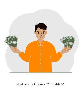 A man with banknotes in both hands. The concept of wealth. Vector flat illustration