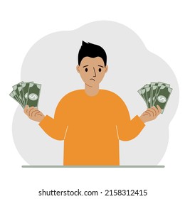 A man with banknotes in both hands. The concept of wealth. Vector flat illustration
