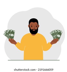 A man with banknotes in both hands. The concept of wealth. Vector flat illustration