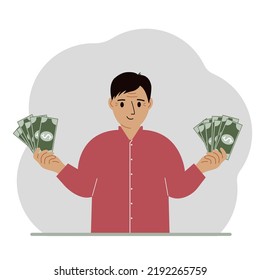 A man with banknotes in both hands. The concept of wealth. Vector flat illustration