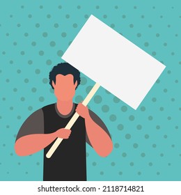 Un hombre con un cartel y espacio para tu texto. Estilo de caricatura de arte pop.