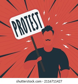 Hombre con pancartas y mensajes de protesta Pop art Flat. Ilustración vectorial.