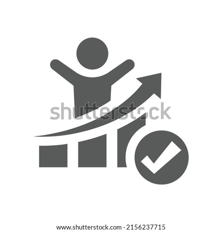 Man and bar chart or graph with checkmark. Business growth, achievement and success filled symbol.