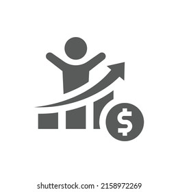 Man and bar chart or graph with dollar. Business growth, achievement and success filled symbol.