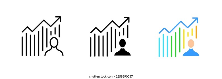 Hombre con un gráfico de barras. Gráfico, crecimiento, flecha arriba, análisis, análisis, estadísticas, datos estadísticos, informe financiero. Icono de conjunto de vectores en línea, estilos negros y coloridos aislados en fondo blanco