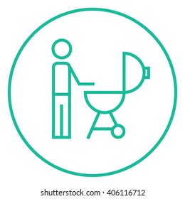 Man at barbecue grill line icon.