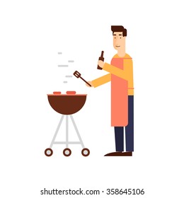 Man with a barbecue grill on a white background. Flat design vector illustration.