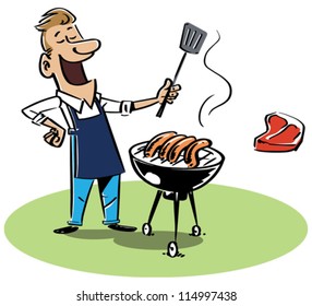 Man with a barbecue grill. The T-bone steak and sausages are on separate layers and can be switched. EPS8-file, fully editable and all labeled in layers.