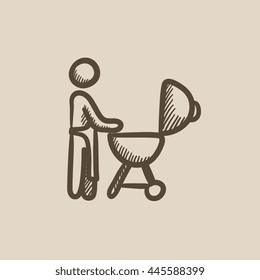Man at barbecue grill vector sketch icon isolated on background. Hand drawn Man at barbecue grill icon. Man at barbecue grill sketch icon for infographic, website or app.