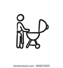 Man at barbecue grill vector sketch icon isolated on background. Hand drawn Man at barbecue grill icon. Man at barbecue grill sketch icon for infographic, website or app.