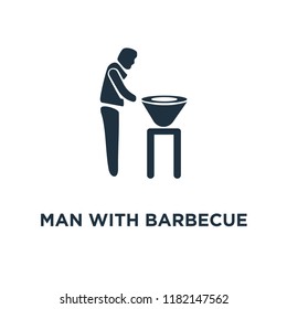 Man with Barbecue icon. Black filled vector illustration. Man with Barbecue symbol on white background. Can be used in web and mobile.