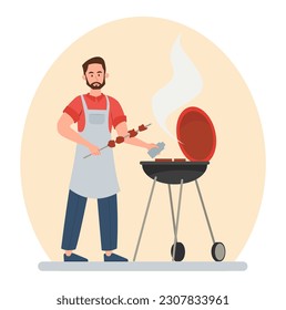 Man with barbecue. Young guy in uniform with meat stands near grill. Picnic and outdoor recreation, BBQ. Character at backyard with kebab or steak. Cartoon flat vector illustration