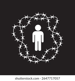 Homem com arame farpado ao seu redor como metáfora para a epidemia de solidão masculina, desconexão social ou zona segura. Prevenção, isolamento e defesa. Ilustração vetorial.