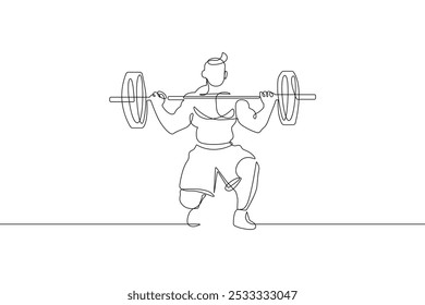 Mann mit Barbell Kontinuierliche einzeilige Zeichnung. Männlich Sport Abstrakte Minimal Line Art Zeichnung. Outline Male Gym Gewicht Sport Illustration. Gewichtheben Moderne trendige Konturzeichnung. Vektorgrafik