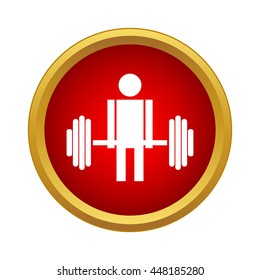Man with barbell icon in simple style on a white background