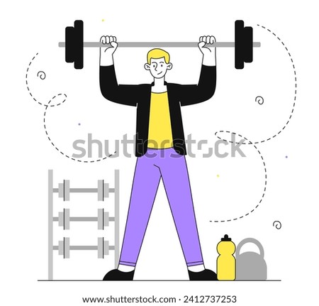 Man with barbell linear. Active lifestyle and sports. Workout and training, exercise. Sportsman and athlete. Bodybuilder and powerlifter with weight. Doodle flat vector illustration