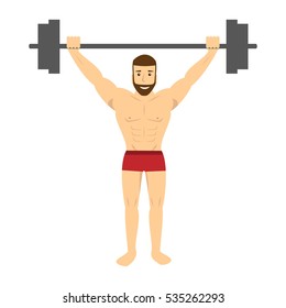 Man with barbell. Sportsman doing exercise with barbell. Vector illustration. 